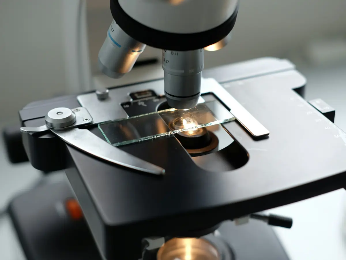 Microscopio de laboratorio con una muestra en la platina